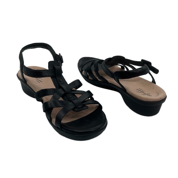 Clarks Black Loomis Katey Leather Wedge Strappy Sandals Size 7 1/2 Women's - Picture 1 of 9